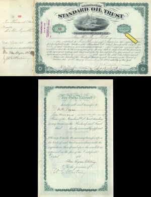 Standard Oil Trust signed twice by W.C. Whitney and transferred to O.H. Payne - 10,000 Share 1883 dated Stock Certificate 