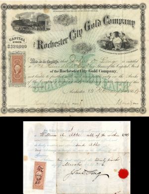 Rochester City Gold Co. Signed by John D. Long dated 1866 - Autographed Stocks and Bonds