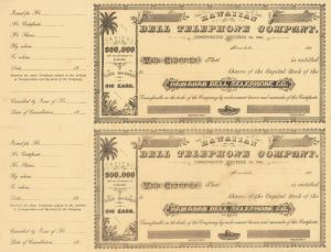 Hawaiian Bell Telephone Company - Known Now as Hawaiian Telcom - 1880's dated Pair of Uncut Hawaii Stock Certificates - 2 Unissued Stocks Still Attached!