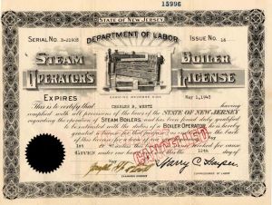 Steam Boiler Operator's License - Department of Labor Certificate