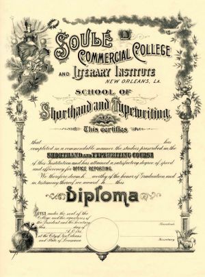 Diploma from the Soule Commercial College and Literary Institute