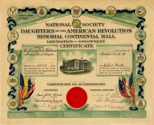 Certificate for the National Society Daughters of the American Revolution