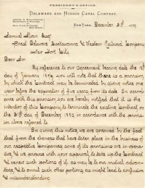 Letter to Sam Sloan - 1879 dated Delaware and Hudson Canal Company Letter