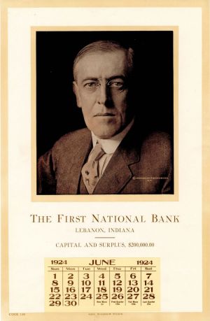 Ad Calendar for First National Bank with portrait of Woodrow Wilson