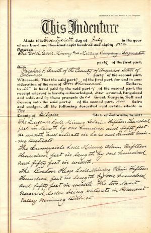 Indenture Between Gold Coin Mining and Milling Co. and State of Colorado