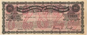 Montana Mining Loan and Investment Company Unissued Receipt for 25¢ - 1902 dated Americana