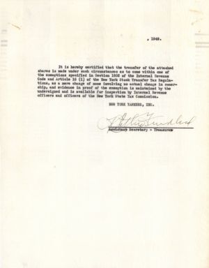  Share Transfer of New York Yankees, Inc. dated 1949 - Americana