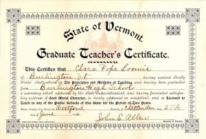  State of Vermont Graduate Teacher's Certificate dated 1896 - Americana