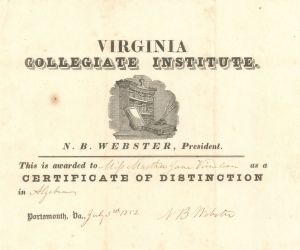  Certificate of Distinction of the Virginia Collegiate Institute dated 1852 - Americana