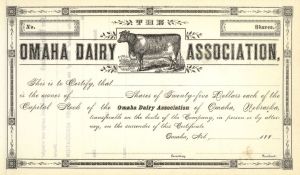 Omaha Dairy Association - 1880's dated Dairy Stock Certificate - Unique Cow Vignette