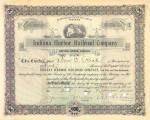 Indiana Harbor Railroad - Railway Stock Certificate - Only 34 Ever Issued - Dog Vignette