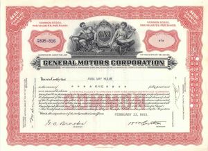 General Motors Corporation - 1950's dated Automotive Stock Certificate - Great Car Maker