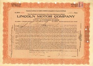 Lincoln Motor Co. signed by W. T. Nash and W. C. Leland - Stock Certificate