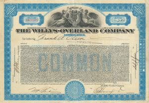 Willys-Overland Co. - 1926-30 dated Automotive Stock Certificate - Unusually Oversized Stock Certificate