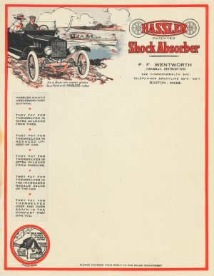 Hassler Shock Absorber Letterhead - Circa 1920s dated Automotive Americana - Auto Parts Letter