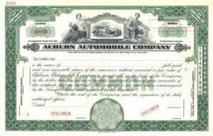 Auburn Automobile Co. - Green Specimen Stock Certificate