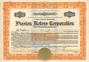 Preston Motors Corp. - 1920 dated Stock Certificate