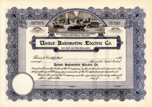 United Automotive Electric Co. - Circa 1920's Electric Automotive Unissued Stock Certificate