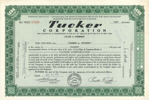 Tucker Corporation - 1948 dated Automotive Green Stock Certificate - Only 50 Tucker Cars were Made