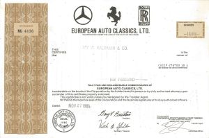 European Auto Classics, Ltd. - 1980's dated Automotive Stock Certificate - Rust Stain