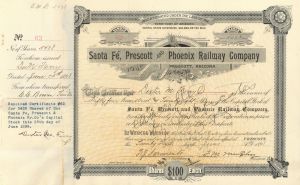 Santa Fe, Prescott and Phoenix Railway Co. - 1890's to 1900's Railroad Stock Certificate - Part of the Atchison, Topeka and Santa Fe System