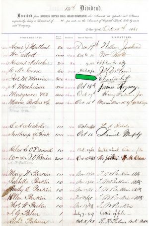 Stockholders Divident Sheet of Hudson River Rail Road Co. signed by Commodore Cornelius Vanderbilt - Autographs
