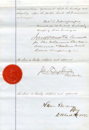 Memorandum Agreement signed by Fred T. Frehinghuysen, John Taylor Johnston and Sam Sloan