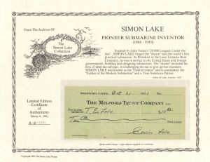 Milford Trust Company Check signed by Simon Lake and T.E. Lake