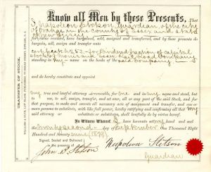 Transfer of Stock signed by John B. Stetson and Napoleon Stetson