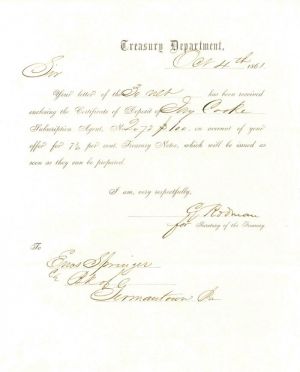 1861 Certificate of Deposit of Jay Cooke to Enos Springer - Treasury Department