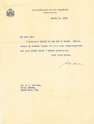 Letter signed by Andrew William Mellon - SOLD