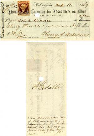 Colonel Alexander Biddle signed Check - Prominent Biddle Family - Autograph Check