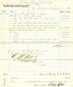 Delaware, Lackawanna and Western Rail Road Co. signed by Moses Taylor - Redemption of Bonds, Interest Account
