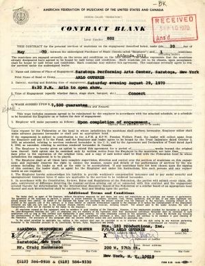 Arlo Guthrie signed Contract - SOLD