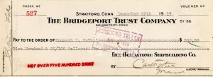 Bridgeport Trust Company Check signed by Simon Lake - Autographs