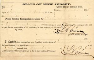 Transportation Order signed twice by General Lewis Perrine - 1865 dated Autograph - SOLD