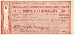 Bank of the State of New-York signed by Elijah F. Purdy -  Autographed Check