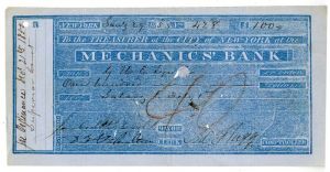 City of New-York at the Mechanics' Bank signed by Jacob A. Westervelt -  Autographed Check