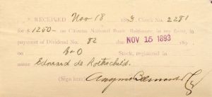 Baltimore and Ohio Receipt signed by August Belmont Co. - Mentions Edouard De Rothschild - SOLD