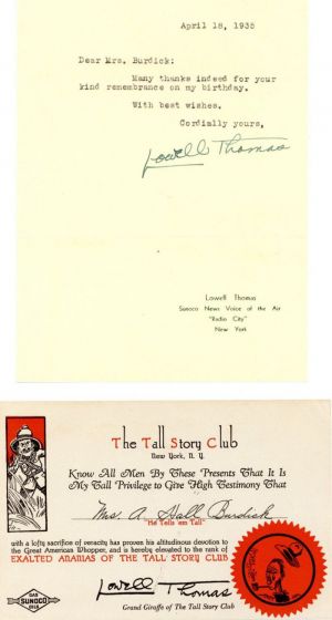Typed Letter and Card signed by Lowell Thomas