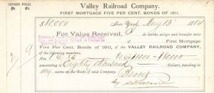 Valley Railroad Co. Issued to Moses Taylor Family - Bond Receipt