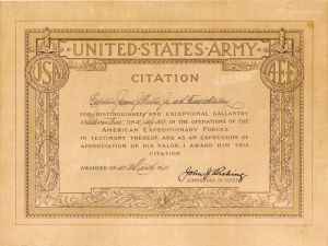 United States Army Citation with printed signature of John J. Pershing - Americana - SOLD