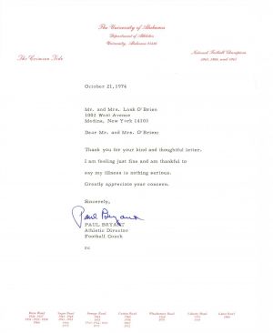 Paul Bryant signed Letter - Autographs