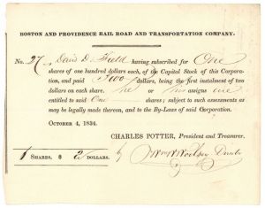 Boston and Providence Rail Road and Transportation Co. Issued to David D. Field - Autograph