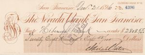Check signed by Adolph Sutro - 1896 dated Autograph - From Sutro Tunnel Fame - Beautiful Signature - SOLD