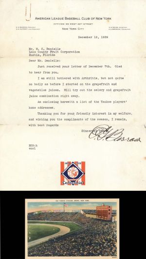 American League Baseball Club of New York - Autographed Letter