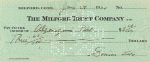 Milford Trust Company Check signed by Simon Lake - Autograph