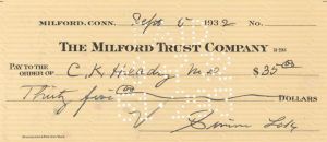 Milford Trust Company Check signed by Simon Lake - Autograph