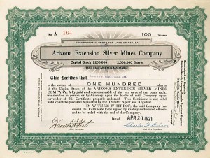 Arizona Extension Silver Mines Co. - Stock Certificate