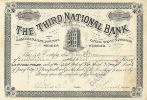 Third National Bank of Jersey City, New Jersey - 1910's dated Banking Stock Certificate